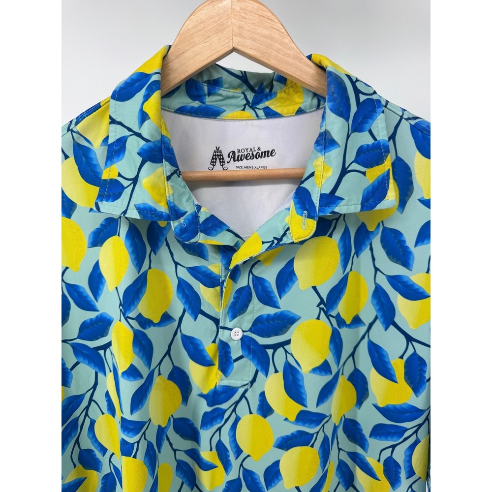Royal‎ and Awesome Polo Shirt Mens XL Blue Yellow Lemon Print Golf Summer